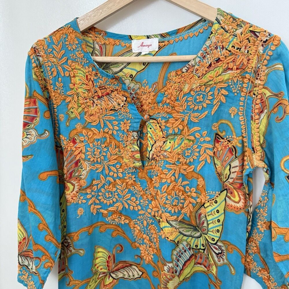 Amaya Embroidered Tunic Women's Small 100% Cotton Blue Floral Butterfly Cover Up - Picture 4 of 9
